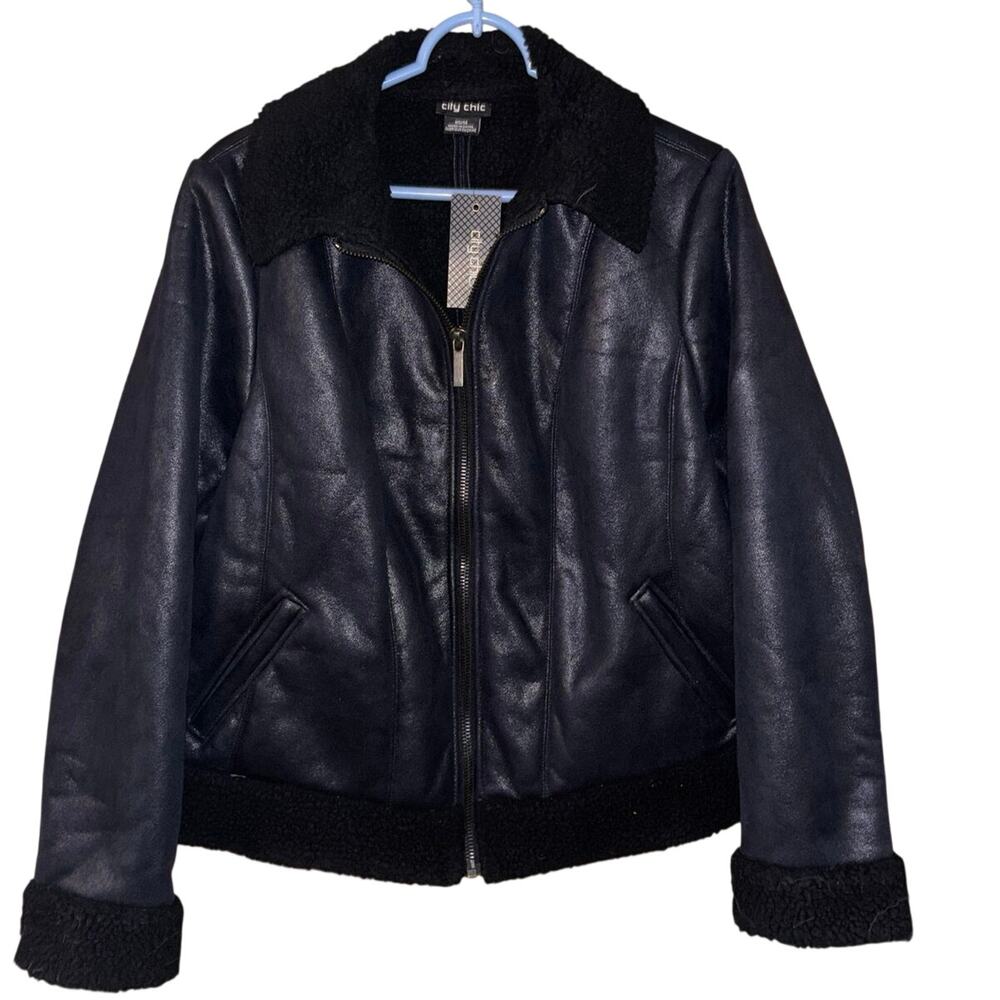 City Chic Women’s Black Faux Suede Full Zip Fleece Sherpa Aviator Jacket NWT 14